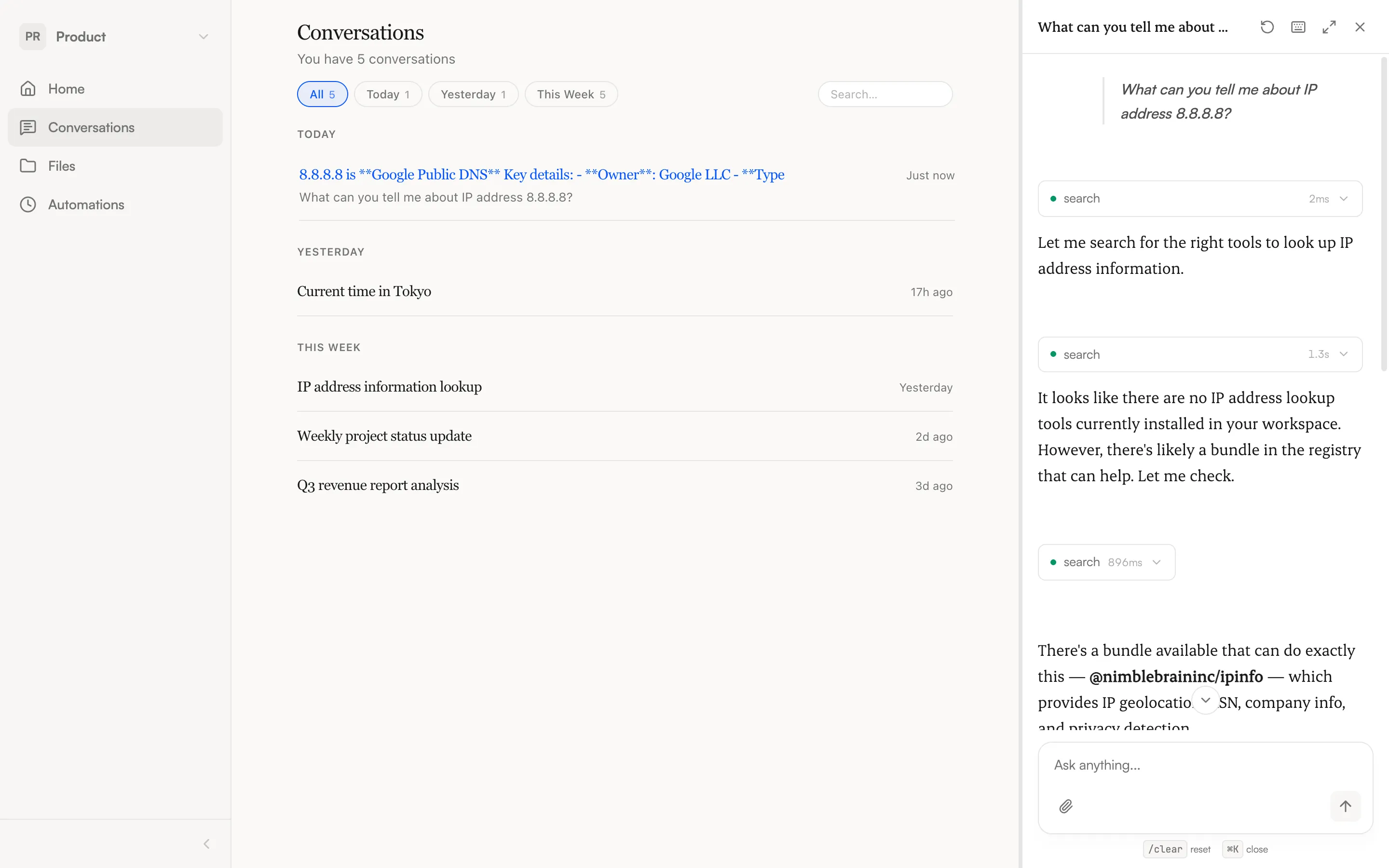 Chat panel showing a conversation with tool calls and assistant responses