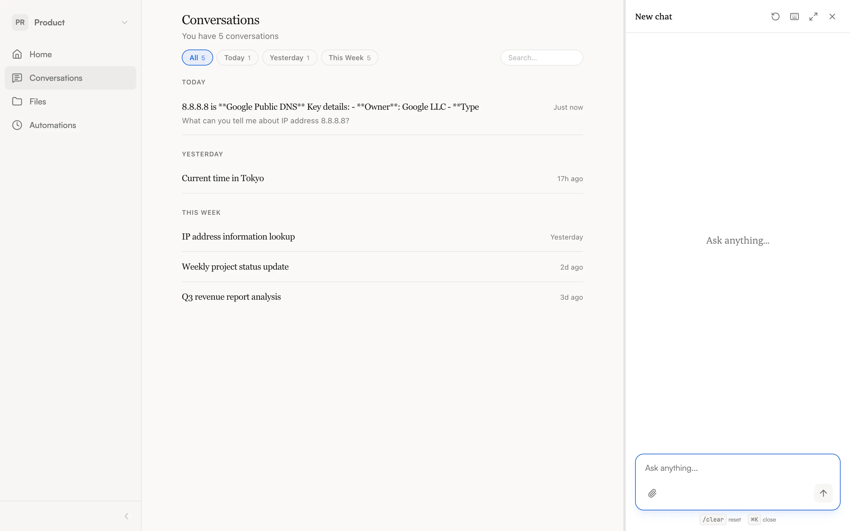 Conversations page showing conversation history grouped by date