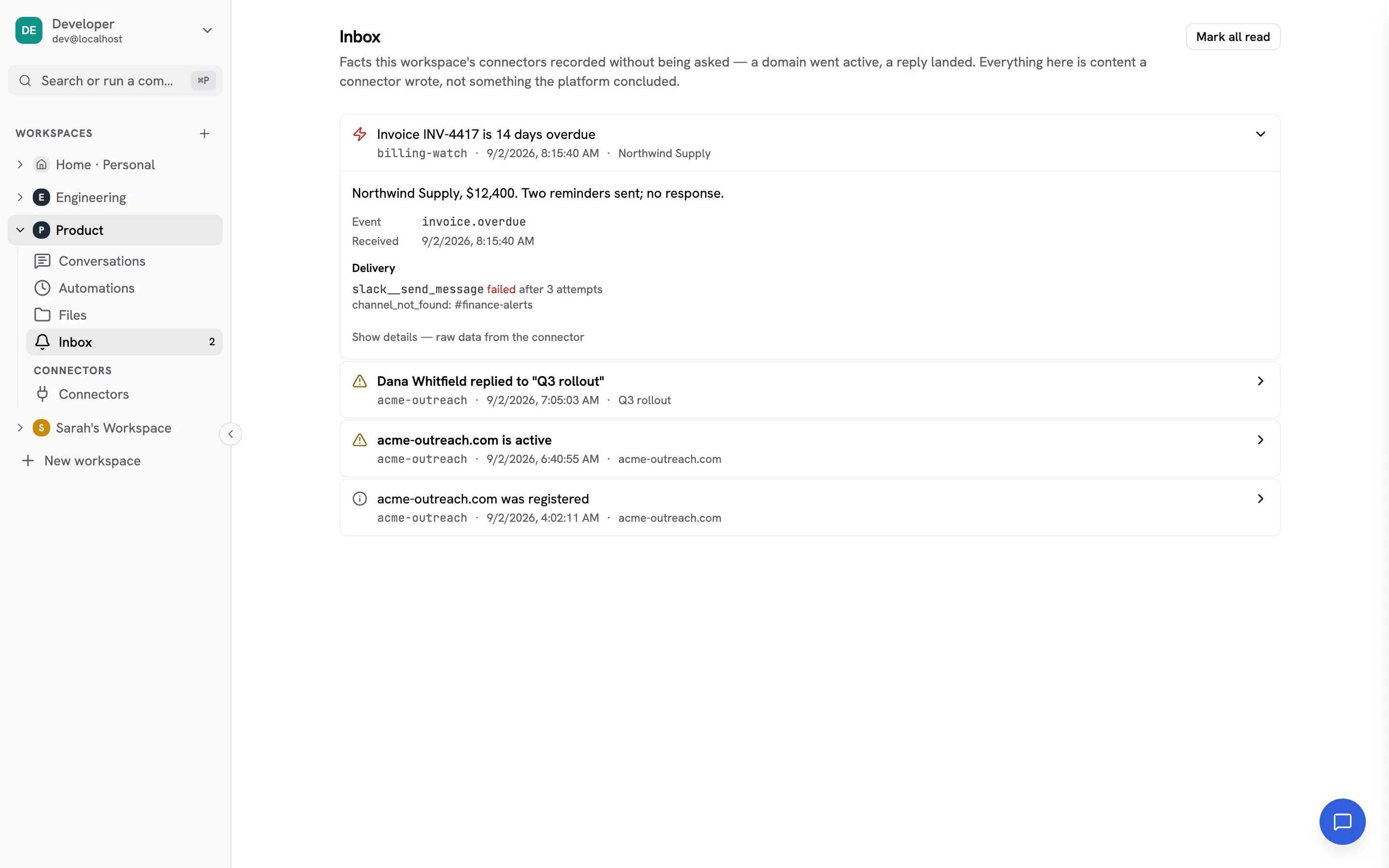 The workspace inbox, with one item expanded to show its body, event name and raw connector data