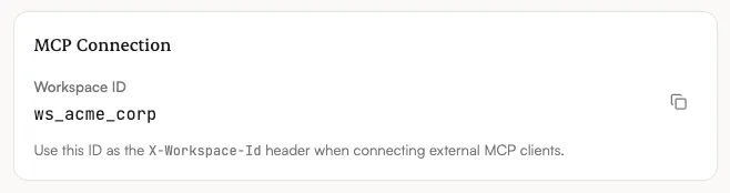 MCP Connection card in Settings → Profile showing the workspace ID with a copy button.