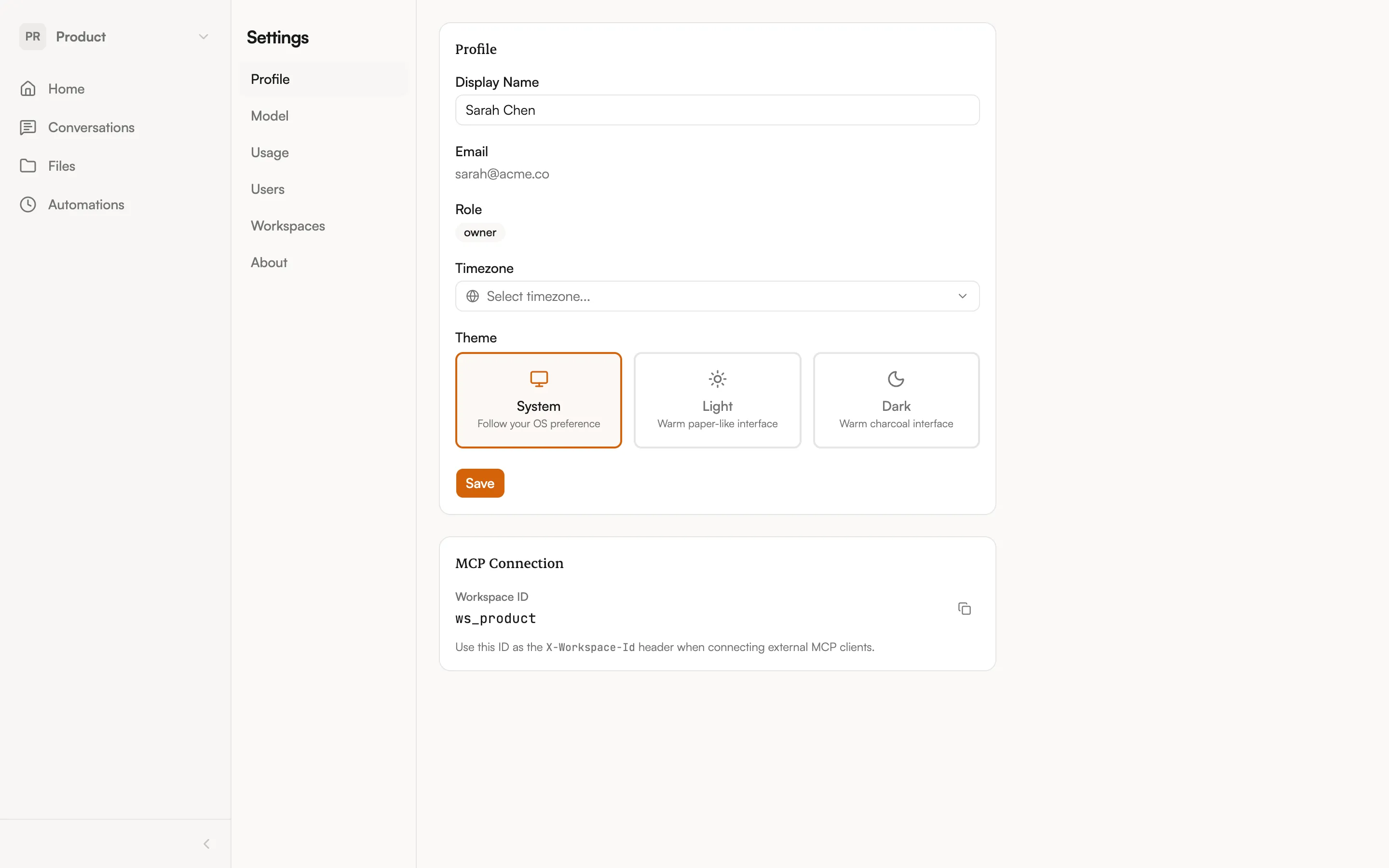 Settings profile tab showing display name, theme picker, and MCP connection