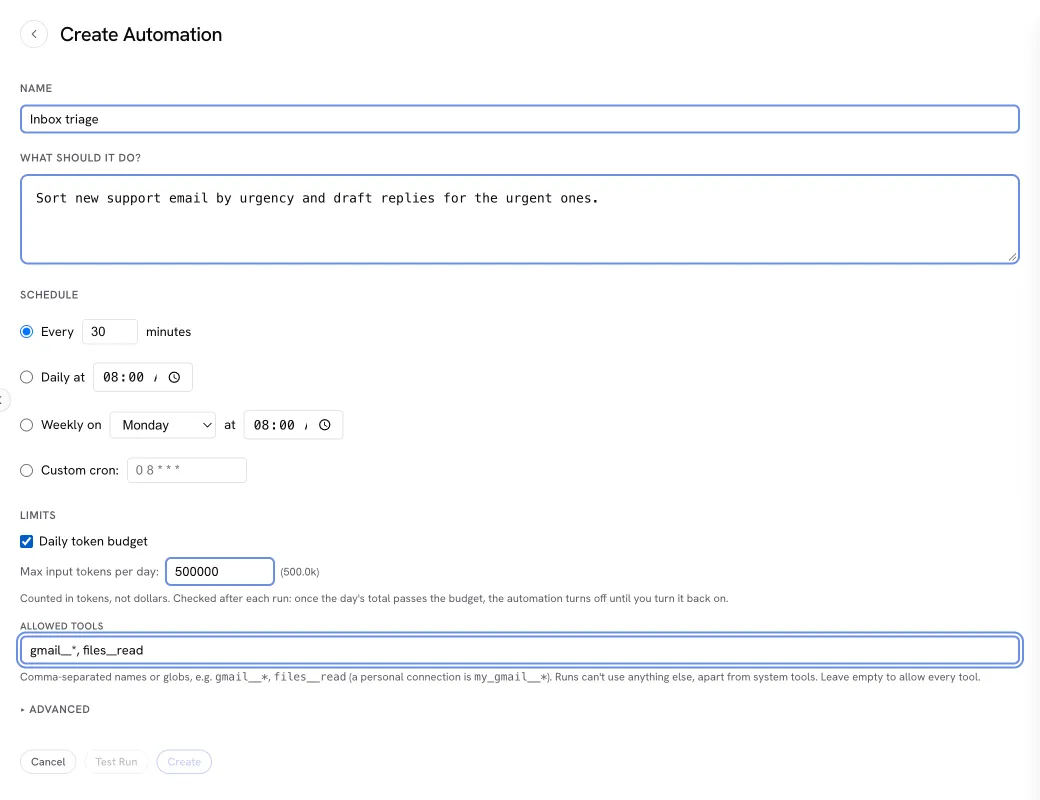 The create form’s Limits section, with a daily token budget and an allowed-tools list filled in