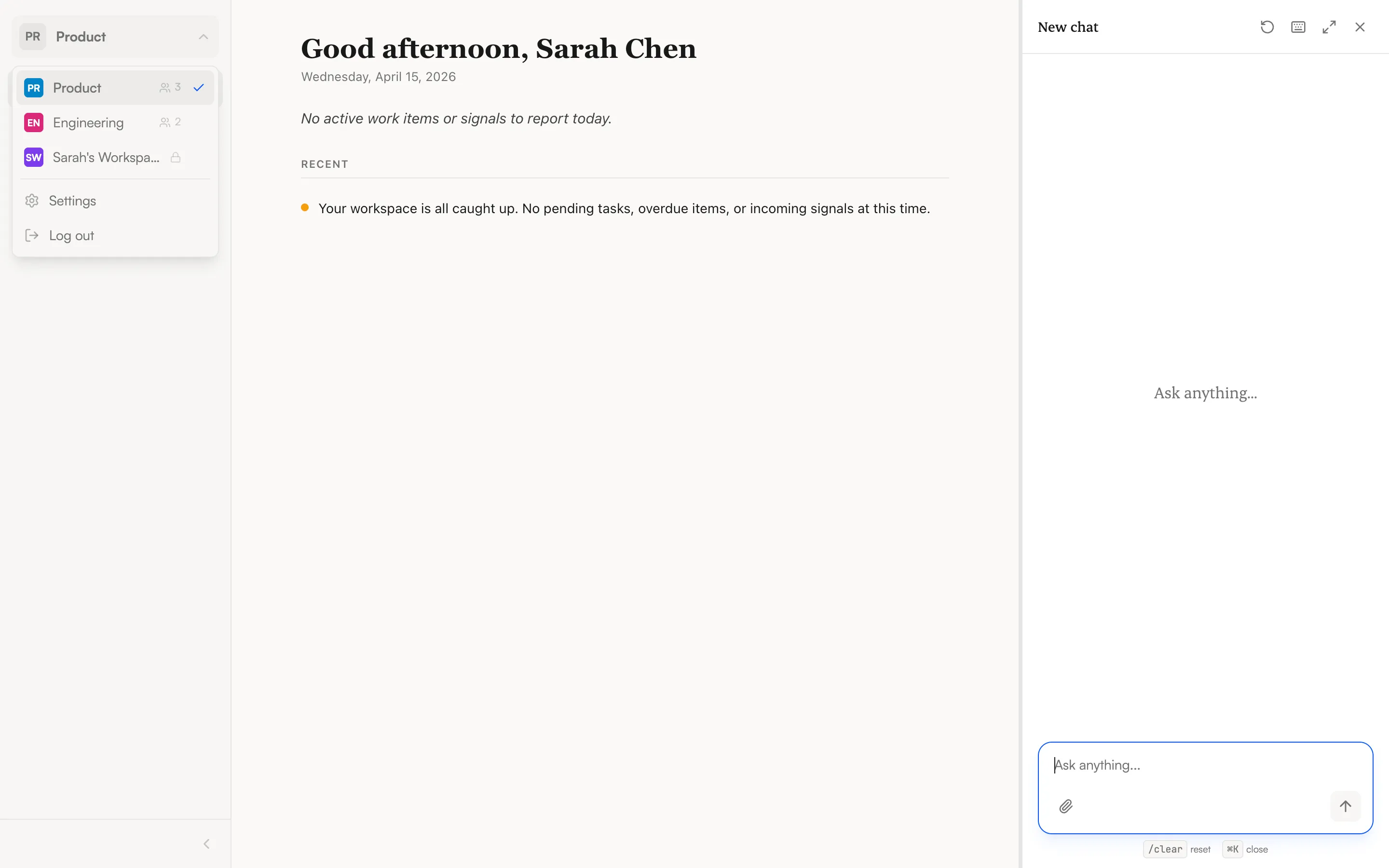 Workspace selector dropdown showing three workspaces